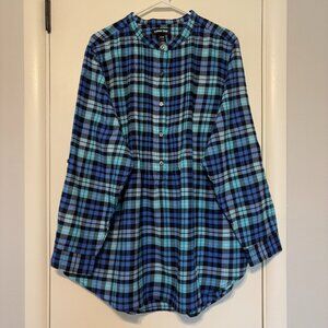 Lands' End Womens Plus Blue Plaid Popover Flannel Pintuck Tunic Shirt Top 20W/2X